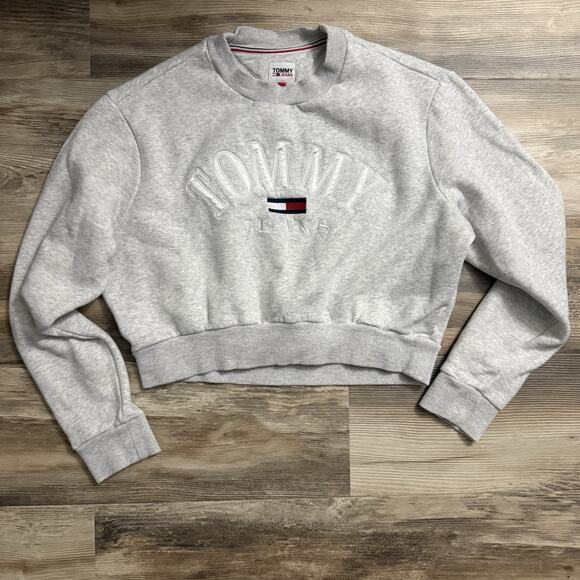 Tommy Jeans Gray Cropped Sweatshirt Women’s Small Embroidered Crewneck Pullover - Picture 1 of 9
